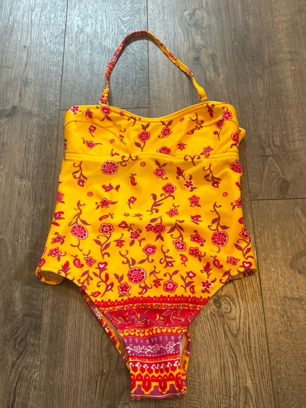 Yellow Floral One-Piece Swimsuit with Pink Print